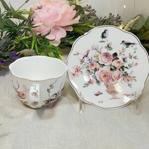 Grace Teaware Cottage Rose &Birds Magnolia Garden Coffee/TeaCup Saucer Set of 4
